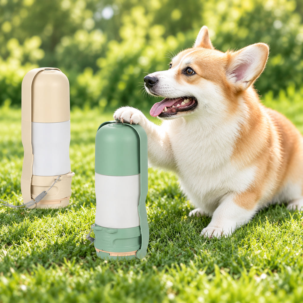 Portable dog water and food dispenser feature details