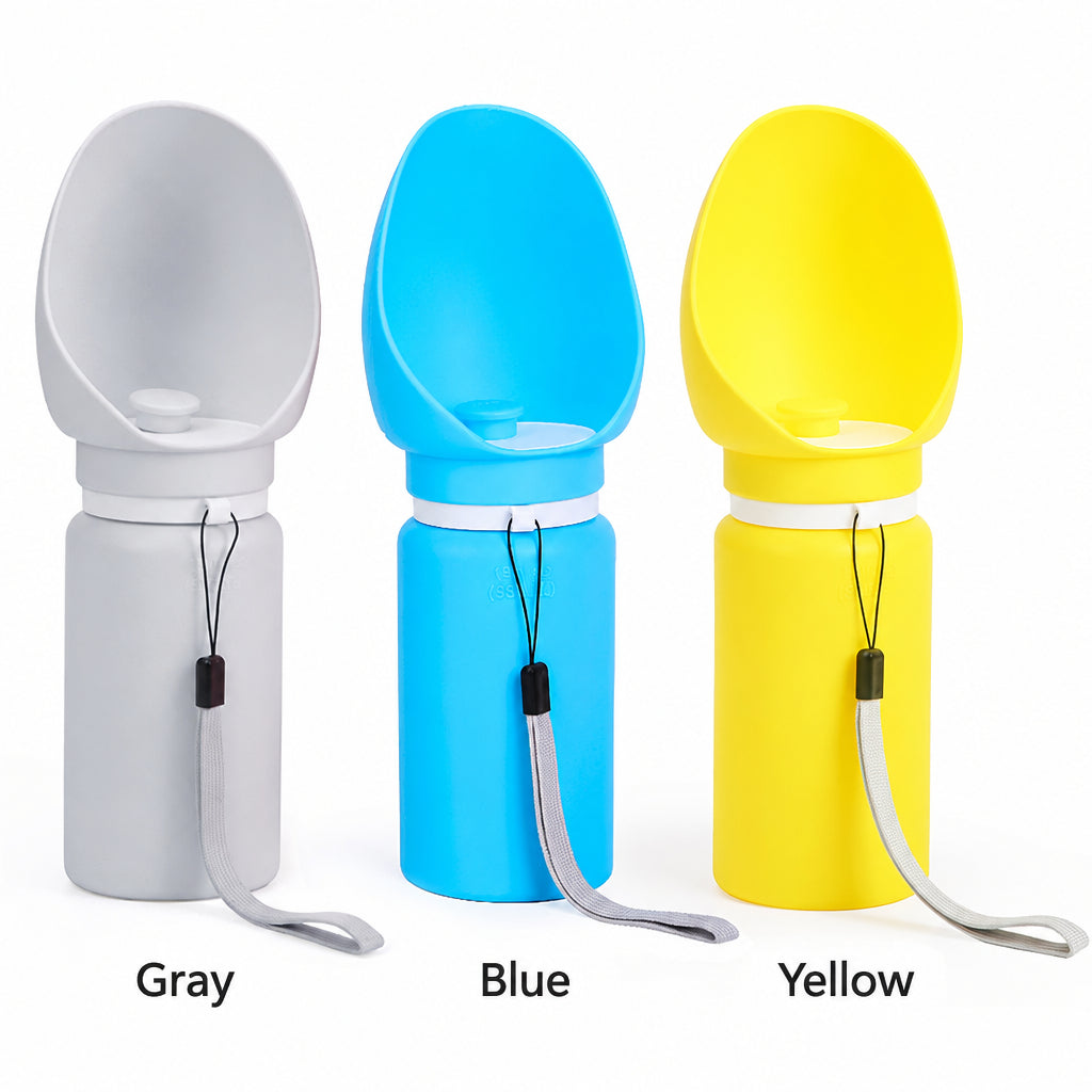 550ml portable dog water bottle in gray, blue and yellow
